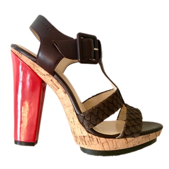 Calvin Klein Bea Platform Stiletto Heel Sandal Brow Red Leather T-Strap Pump 7.5 - Picture 3 of 16